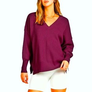 ANRABESS Size M Wine Ribbed Long Sleeve Hooded Sweater NWOT